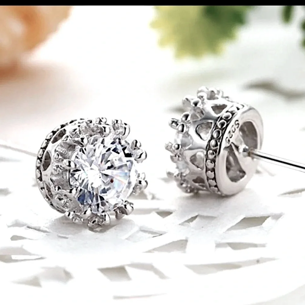 NEW 3 ctw 18k White Gold S925 Crown Stud Diamond Simulate‎ Earrings